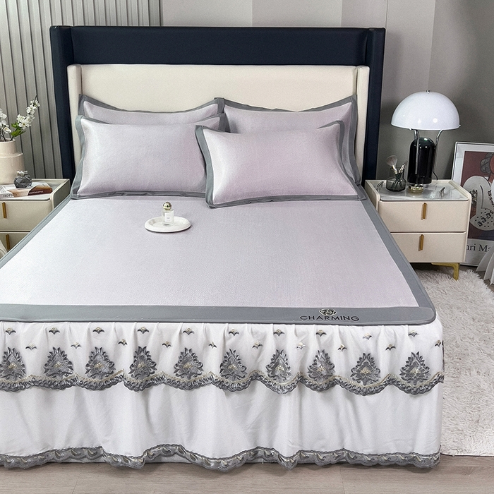 91家纺网 家纺一手货源 找家纺 印季家纺 2026新款纯色加密冰藤床裙款席子凉席 浅紫