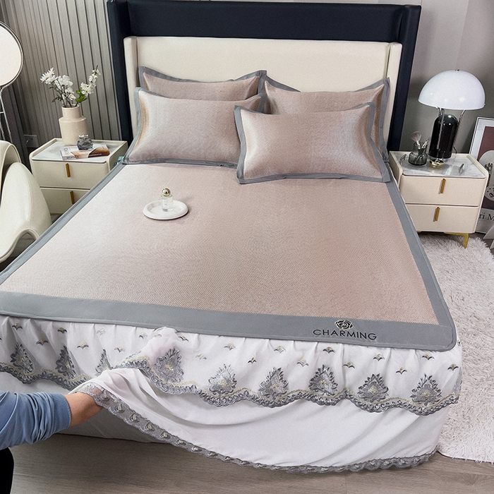 91家纺网 家纺一手货源 找家纺 印季家纺 2026新款纯色加密冰藤床裙款席子凉席 咖啡