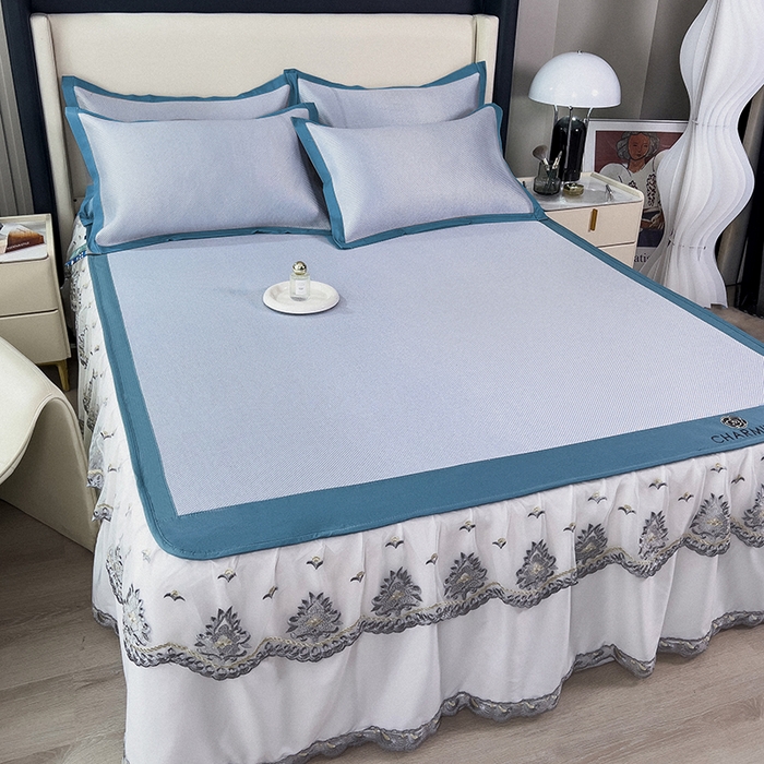 91家纺网 家纺一手货源 找家纺 印季家纺 2026新款纯色加密冰藤床裙款席子凉席 天蓝