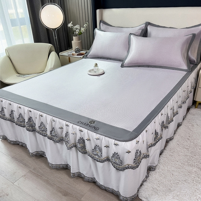 91家纺网 家纺一手货源 找家纺 印季家纺 2026新款纯色加密冰藤床裙款席子凉席 浅紫