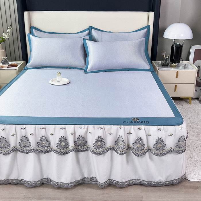 91家纺网 家纺一手货源 找家纺 印季家纺 2026新款纯色加密冰藤床裙款席子凉席 天蓝