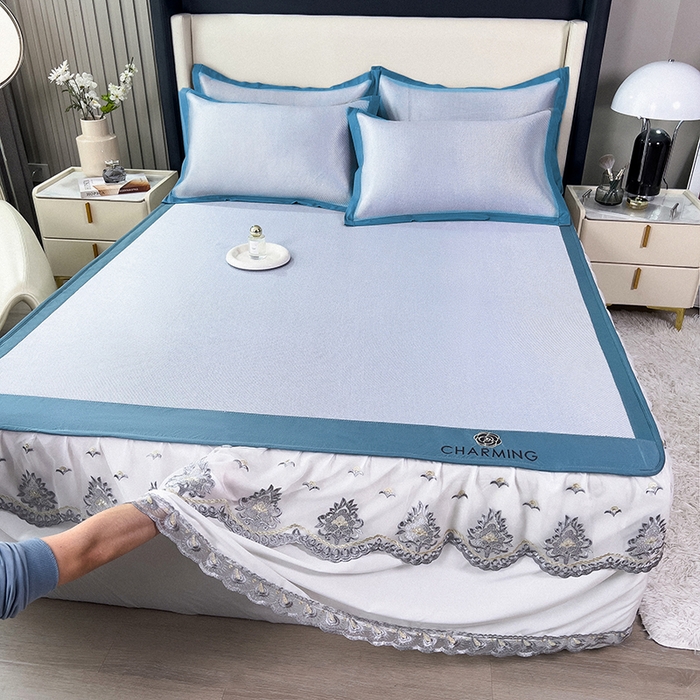 91家纺网 家纺一手货源 找家纺 印季家纺 2026新款纯色加密冰藤床裙款席子凉席 天蓝