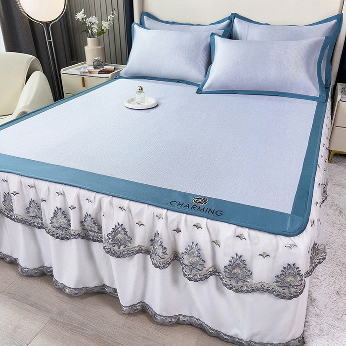 91家纺网 家纺一手货源 找家纺 印季家纺 2026新款纯色加密冰藤床裙款席子凉席 天蓝