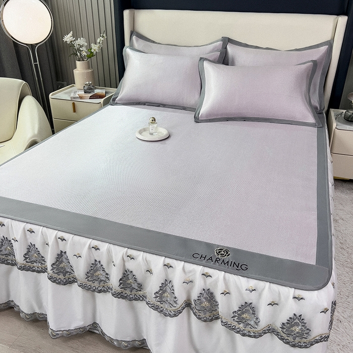 91家纺网 家纺一手货源 找家纺 印季家纺 2026新款纯色加密冰藤床裙款席子凉席 浅紫