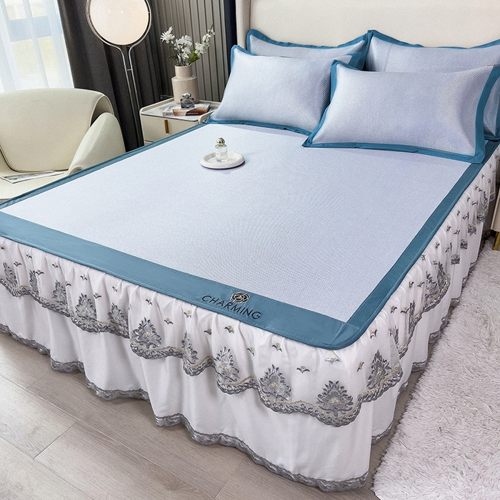 91家纺网 家纺一手货源 找家纺 印季家纺 2026新款纯色加密冰藤床裙款席子凉席 天蓝