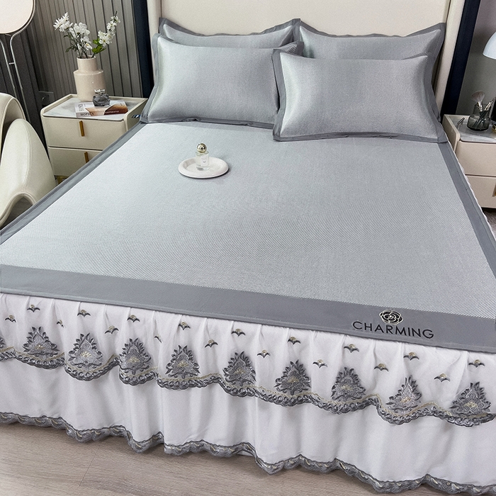 91家纺网 家纺一手货源 找家纺 印季家纺 2026新款纯色加密冰藤床裙款席子凉席 灰色