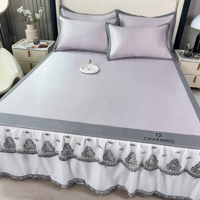 91家纺网 家纺一手货源 找家纺 印季家纺 2026新款纯色加密冰藤床裙款席子凉席 浅紫