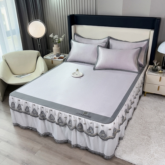 91家纺网 家纺一手货源 找家纺 印季家纺 2026新款纯色加密冰藤床裙款席子凉席 浅紫