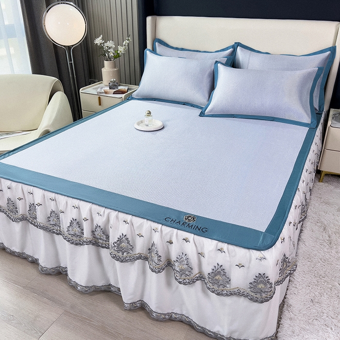 91家纺网 家纺一手货源 找家纺 印季家纺 2026新款纯色加密冰藤床裙款席子凉席 天蓝