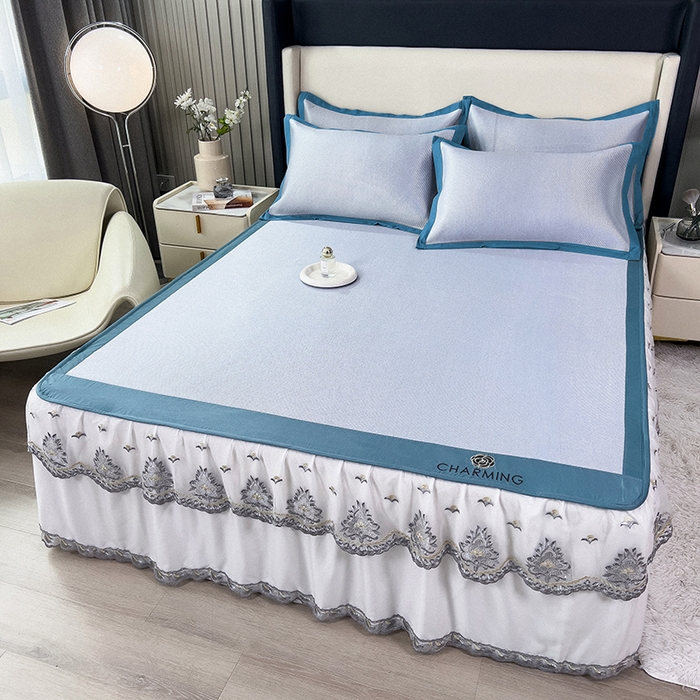 91家纺网 家纺一手货源 找家纺 印季家纺 2026新款纯色加密冰藤床裙款席子凉席 天蓝