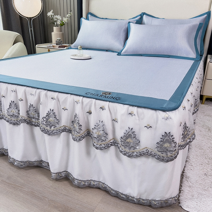 91家纺网 家纺一手货源 找家纺 印季家纺 2026新款纯色加密冰藤床裙款席子凉席 天蓝