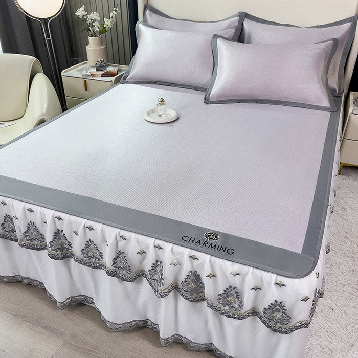 91家纺网 家纺一手货源 找家纺 印季家纺 2026新款纯色加密冰藤床裙款席子凉席 浅紫