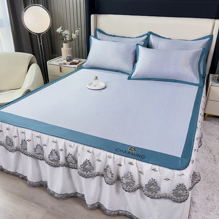 91家纺网 家纺一手货源 找家纺 印季家纺 2026新款纯色加密冰藤床裙款席子凉席 天蓝