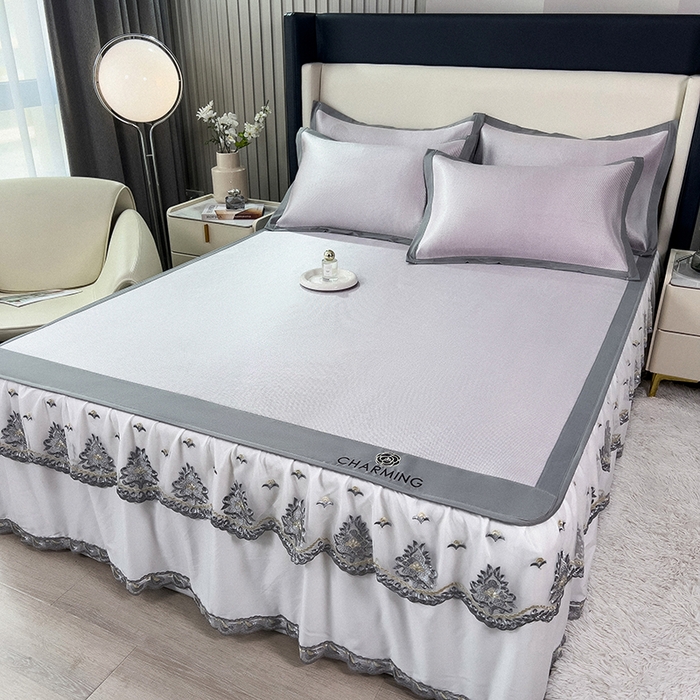 91家纺网 家纺一手货源 找家纺 印季家纺 2026新款纯色加密冰藤床裙款席子凉席 浅紫