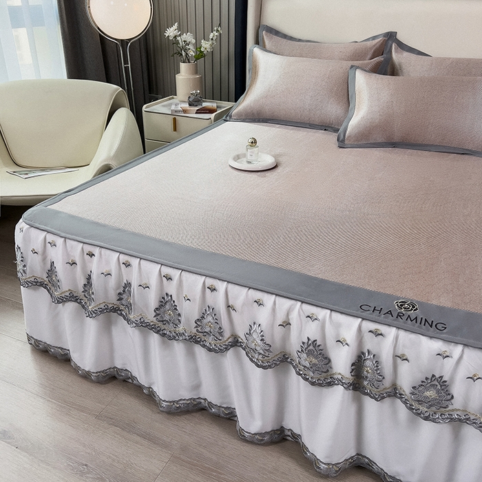 91家纺网 家纺一手货源 找家纺 印季家纺 2026新款纯色加密冰藤床裙款席子凉席 咖啡