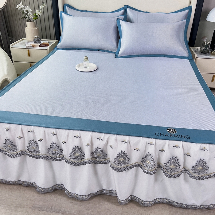 91家纺网 家纺一手货源 找家纺 印季家纺 2026新款纯色加密冰藤床裙款席子凉席 天蓝