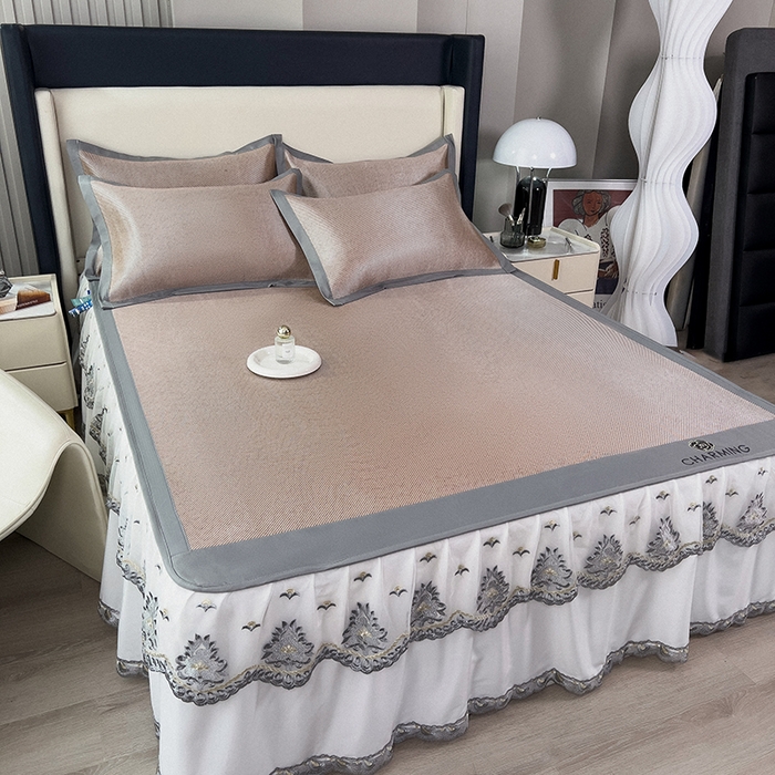 91家纺网 家纺一手货源 找家纺 印季家纺 2026新款纯色加密冰藤床裙款席子凉席 咖啡