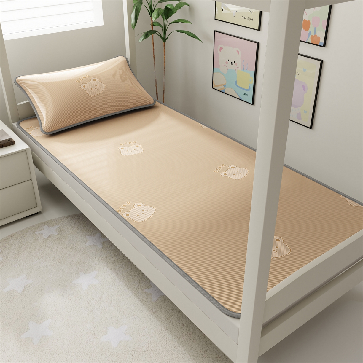 91家纺网 家纺一手货源 找家纺 源舍家纺 2026新款国标质检三明治复合糯叽叽冰丝软凉席学生床 冰丝熊-咖