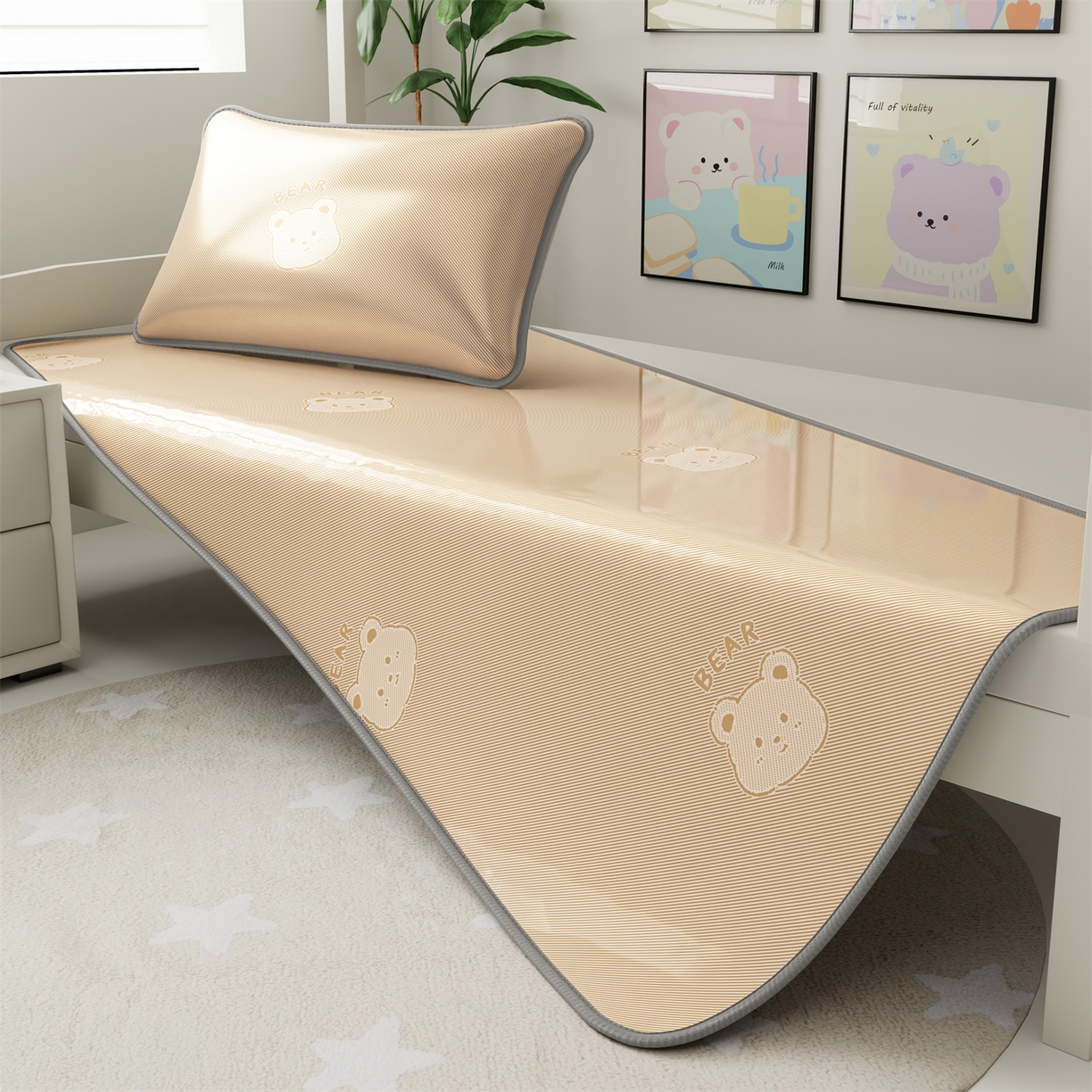 91家纺网 家纺一手货源 找家纺 源舍家纺 2026新款国标质检三明治复合糯叽叽冰丝软凉席学生床 冰丝熊-咖