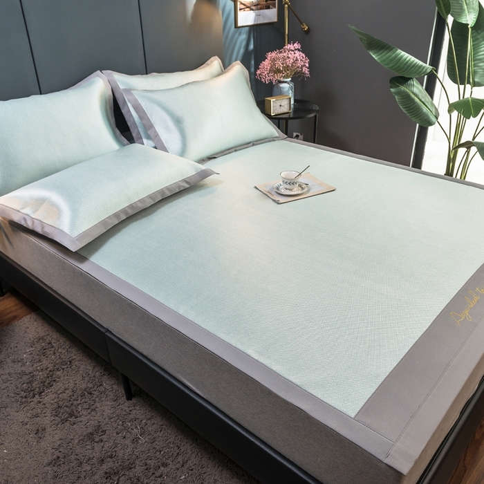 91家纺网 家纺一手货源 找家纺 印季家纺 2026新款刺绣款冰藤席 湖绿