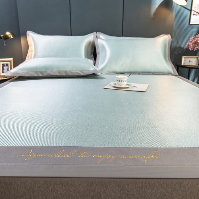 91家纺网 家纺一手货源 找家纺 印季家纺 2026新款刺绣款冰藤席 湖绿