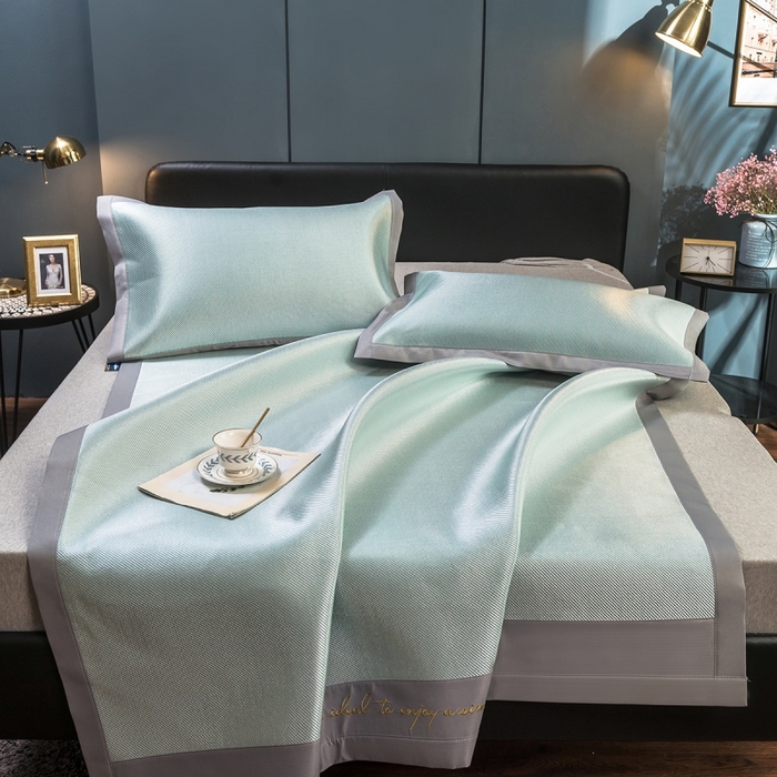 91家纺网 家纺一手货源 找家纺 印季家纺 2026新款刺绣款冰藤席 湖绿