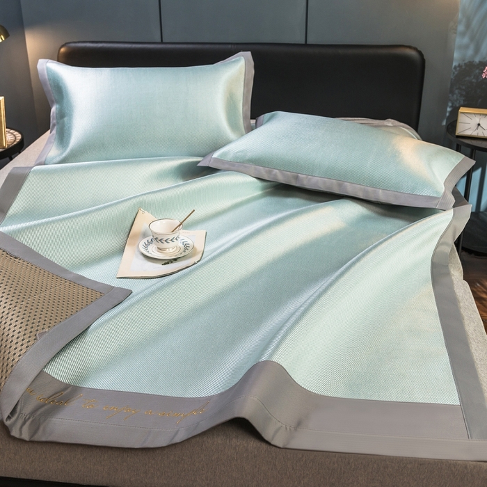 91家纺网 家纺一手货源 找家纺 印季家纺 2026新款刺绣款冰藤席 湖绿