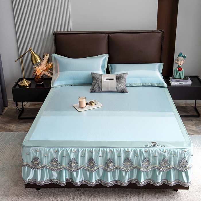 91家纺网 家纺一手货源 找家纺 印季家纺 2026新款清凉舒适拼色加密冰藤床裙款凉席 条纹-蓝绿