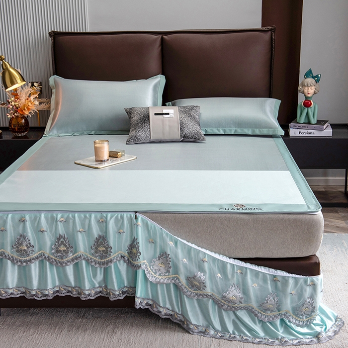 91家纺网 家纺一手货源 找家纺 印季家纺 2026新款清凉舒适拼色加密冰藤床裙款凉席 色块-浅绿