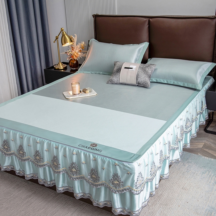 91家纺网 家纺一手货源 找家纺 印季家纺 2026新款清凉舒适拼色加密冰藤床裙款凉席 色块-浅绿