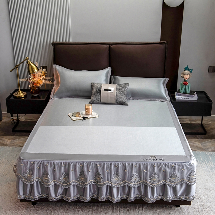 91家纺网 家纺一手货源 找家纺 印季家纺 2026新款清凉舒适拼色加密冰藤床裙款凉席 色块-浅灰