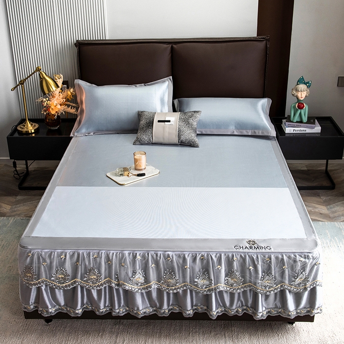 印季家纺 2026新款清凉舒适拼色加密冰藤床裙款凉席 色块-浅蓝