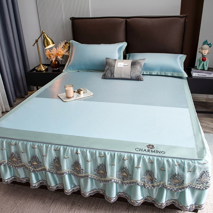 91家纺网 家纺一手货源 找家纺 印季家纺 2026新款清凉舒适拼色加密冰藤床裙款凉席 色块-蓝绿