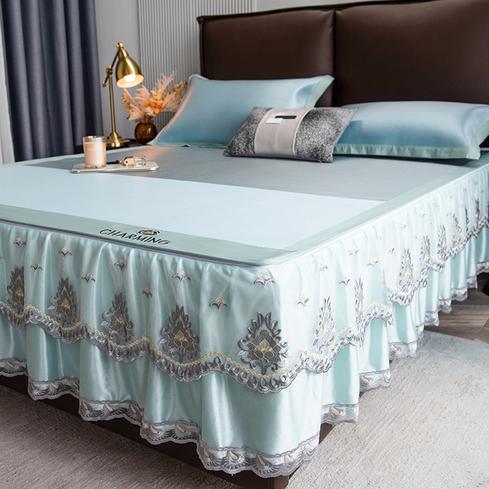 91家纺网 家纺一手货源 找家纺 印季家纺 2026新款清凉舒适拼色加密冰藤床裙款凉席 色块-蓝绿