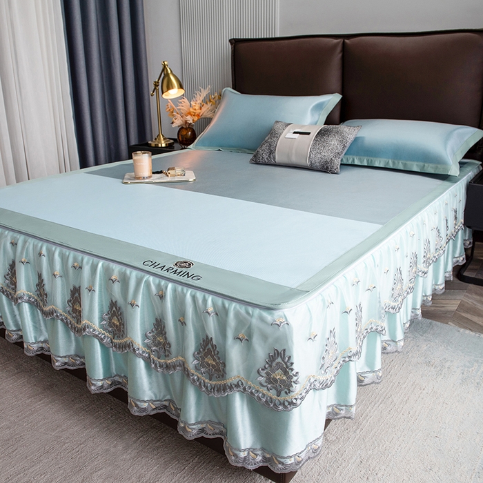 91家纺网 家纺一手货源 找家纺 印季家纺 2026新款清凉舒适拼色加密冰藤床裙款凉席 色块-蓝绿