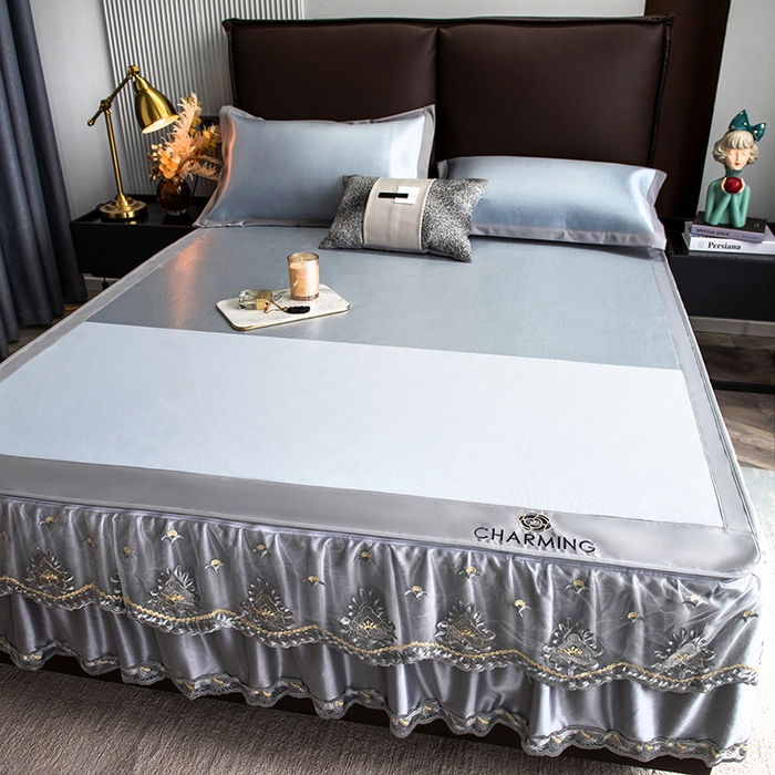 91家纺网 家纺一手货源 找家纺 印季家纺 2026新款清凉舒适拼色加密冰藤床裙款凉席 色块-浅蓝