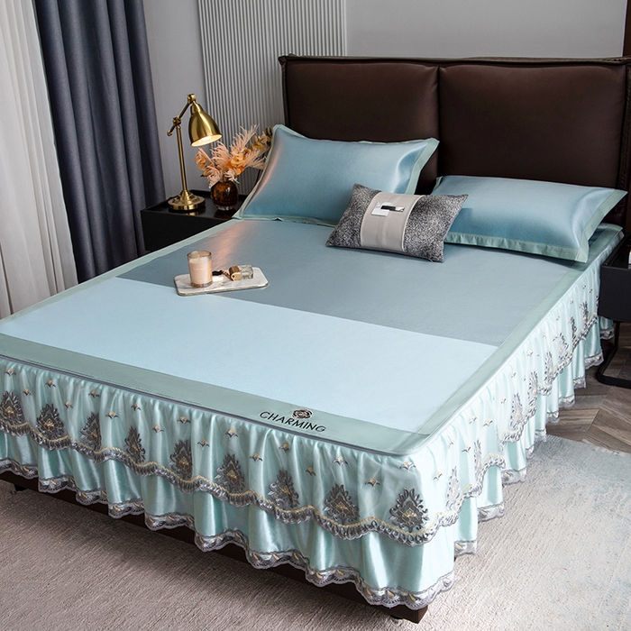 91家纺网 家纺一手货源 找家纺 印季家纺 2026新款清凉舒适拼色加密冰藤床裙款凉席 色块-蓝绿