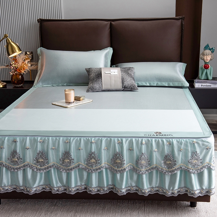 91家纺网 家纺一手货源 找家纺 印季家纺 2026新款清凉舒适拼色加密冰藤床裙款凉席 色块-浅绿