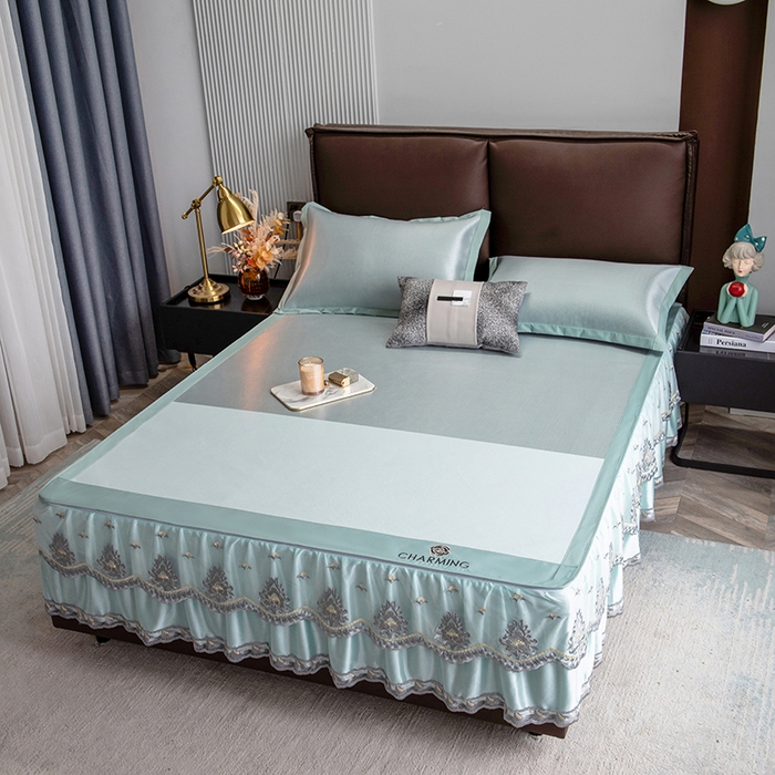 91家纺网 家纺一手货源 找家纺 印季家纺 2026新款清凉舒适拼色加密冰藤床裙款凉席 色块-浅绿