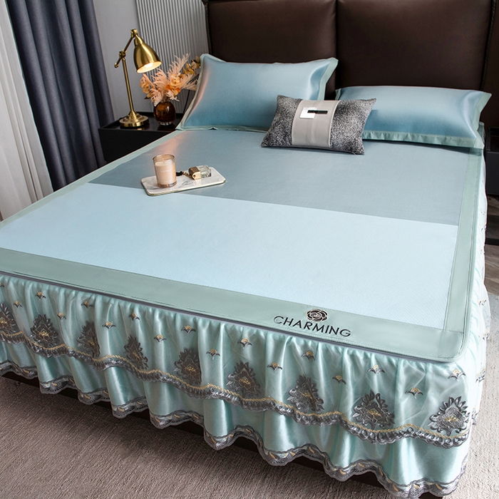 91家纺网 家纺一手货源 找家纺 印季家纺 2026新款清凉舒适拼色加密冰藤床裙款凉席 色块-蓝绿