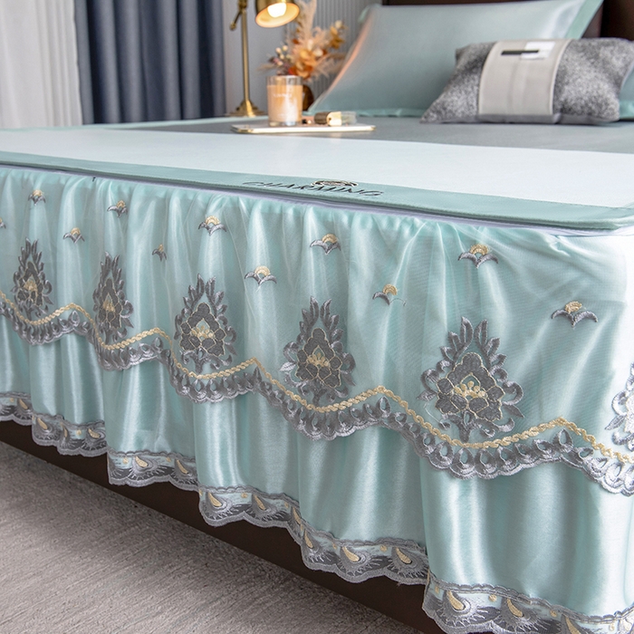 91家纺网 家纺一手货源 找家纺 印季家纺 2026新款清凉舒适拼色加密冰藤床裙款凉席 色块-浅绿