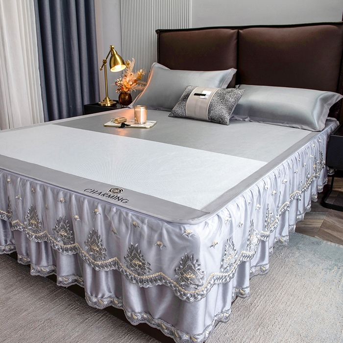 91家纺网 家纺一手货源 找家纺 印季家纺 2026新款清凉舒适拼色加密冰藤床裙款凉席 色块-浅灰