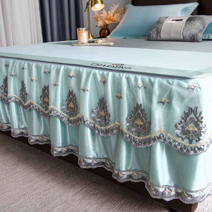 91家纺网 家纺一手货源 找家纺 印季家纺 2026新款清凉舒适拼色加密冰藤床裙款凉席 色块-蓝绿