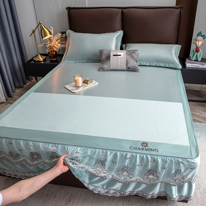 91家纺网 家纺一手货源 找家纺 印季家纺 2026新款清凉舒适拼色加密冰藤床裙款凉席 色块-浅绿