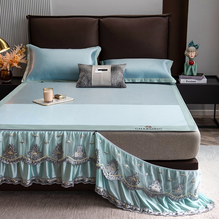 91家纺网 家纺一手货源 找家纺 印季家纺 2026新款清凉舒适拼色加密冰藤床裙款凉席 色块-蓝绿