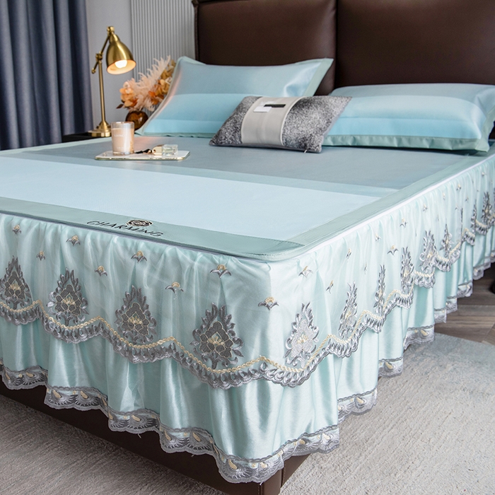 91家纺网 家纺一手货源 找家纺 印季家纺 2026新款清凉舒适拼色加密冰藤床裙款凉席 条纹-蓝绿