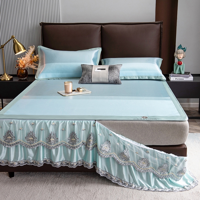 91家纺网 家纺一手货源 找家纺 印季家纺 2026新款清凉舒适拼色加密冰藤床裙款凉席 条纹-蓝绿