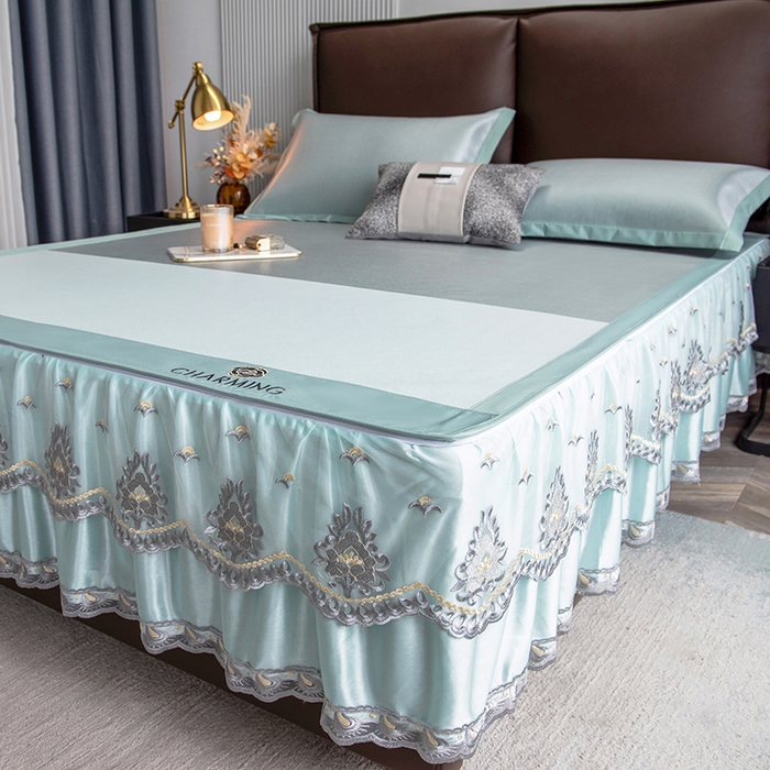 91家纺网 家纺一手货源 找家纺 印季家纺 2026新款清凉舒适拼色加密冰藤床裙款凉席 色块-浅绿