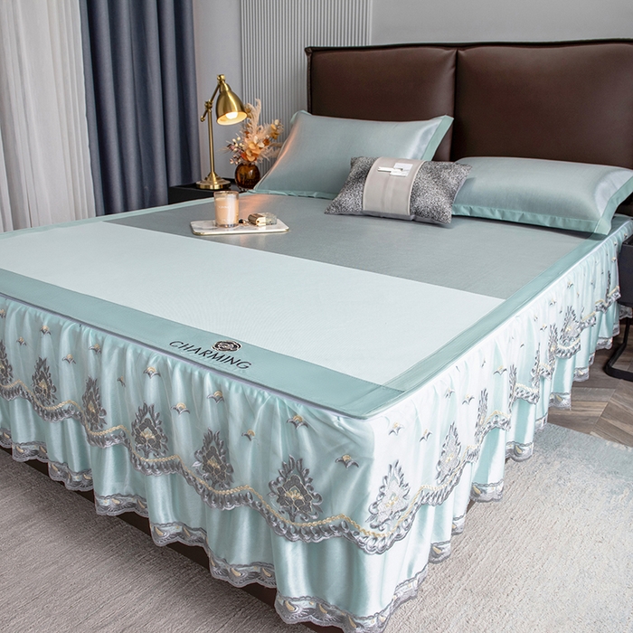 91家纺网 家纺一手货源 找家纺 印季家纺 2026新款清凉舒适拼色加密冰藤床裙款凉席 色块-浅绿