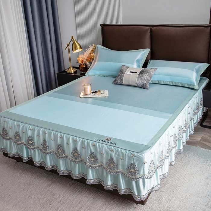 91家纺网 家纺一手货源 找家纺 印季家纺 2026新款清凉舒适拼色加密冰藤床裙款凉席 条纹-蓝绿